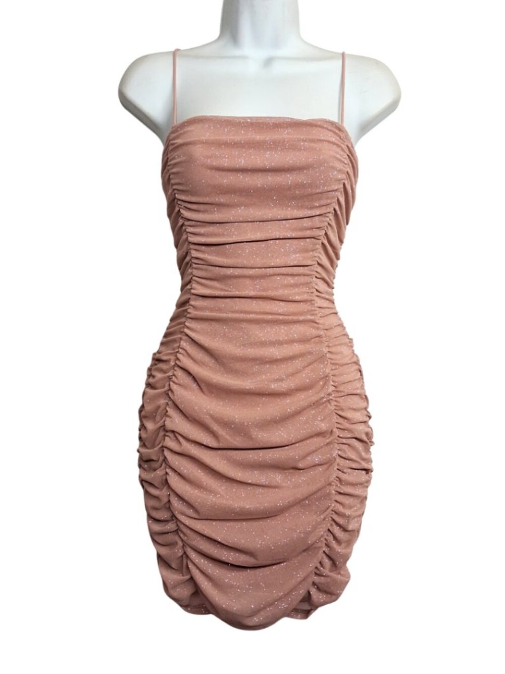 STICHIC Bodycon Dress Ruched Spaghetti Strap Dusty Rose Tan Large NWT